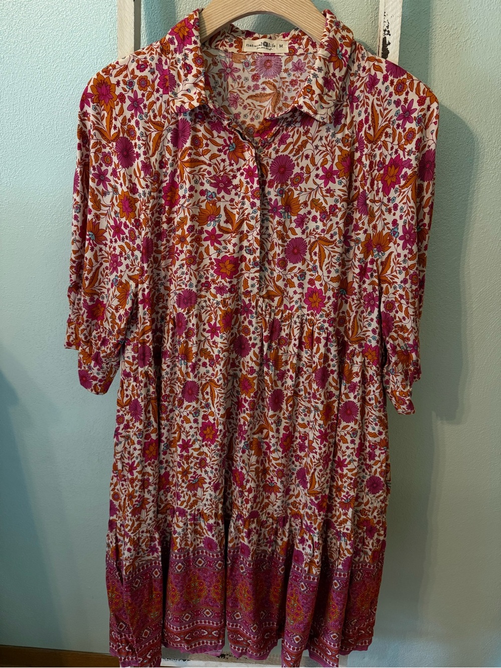 NATURAL LIFE Pink Orange Floral Tiered Dress Button Peasant Boho Size M